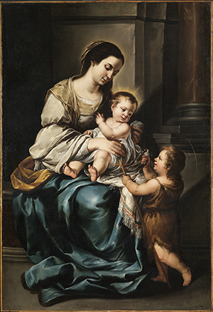Image of Bartolomé Esteban Murillo's Virgin and Child with Infant St. John, called ‘La Serrana’('The Highland Virgin'), c. 1647-50.  © CSG CIC Glasgow Museums Collection. A painting of Mary holding the infant Jesus in her lap with a child standing next to them, showing the baby a wooden cross and a bird in his other hand.