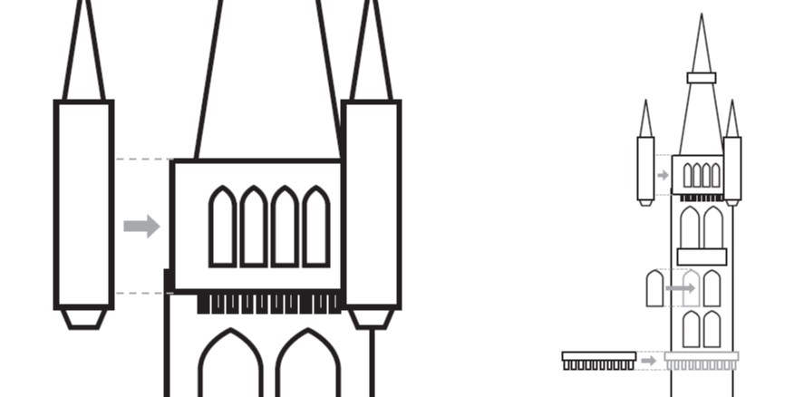 Black outline drawing like an IKEA instruction diagram showing the Glasgow University gothic tower in pieces to be put togther 