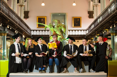 (Centre playing Harry Potter) Katarina O'Dette a student studying Fantasy at The University of Glasgow with S5 pupils from Hillhead High School. L to r Michael McPhee 16 , Nicole Martin 16 , Ella Mitchell 16 , Katarina (Harry) , Kieran Lynch 16 , Kieran Lynass 16 , Dylan Donaghy 15 . Photograph by Martin Shields.