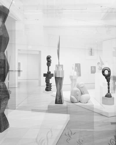 Simon Starling, Pictures for an Exhibition 2013-2014, #12 of 36 Constantin Brancusi, Endless Column (1918), Adam & Eve (1916–21), Bird in Space (1926), Three Penguins (1911–12), Socrates (1922) (left to right). Image courtesy the Artist and The Modern Institute/Toby Webster Ltd, Glasgow.