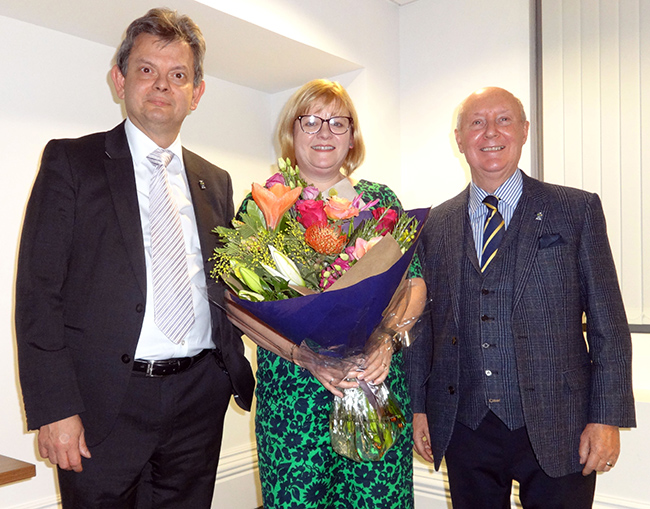 Image of Cathy Bell, the Director of DAO at her retiral function with Sir Anton Muscatelli and Sir Kenneth Calman