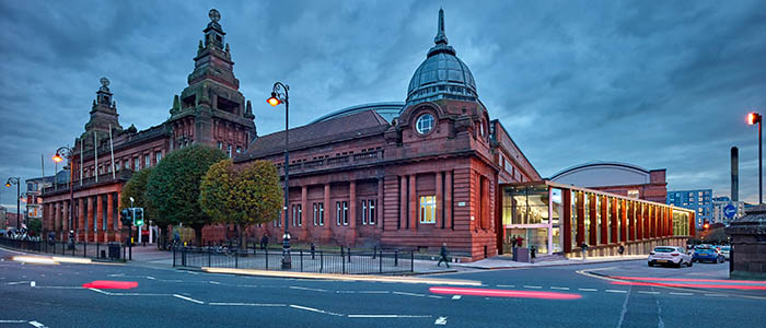 A photograph of the exterior of Kelvin Hall, taken from Dumbarton Road