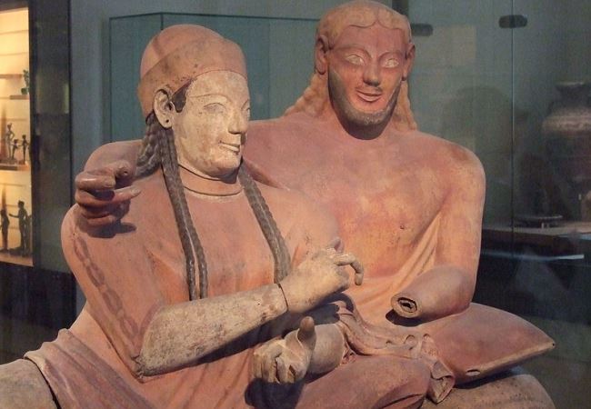 Couple reclining, ceramic burial sarcophagus, Cerveteri, Italy 520-510 BC. The Louvre 
Author: Ecelan  
License: CC BY 2.5
Source: https://commons.wikimedia.org/w/index.php?curid=2068355


