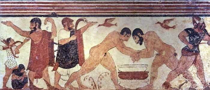 Title: “Man and children, wall painting, Tomb of the Augurs, Tarquinia, Italy”
Author/License: This work is public domain in its country of origin (United States public domain tag) and is published on Wikimedia Commons 
Source: https://commons.wikimedia.org/wiki/File%3ATomb_of_the_augurs.jpg

