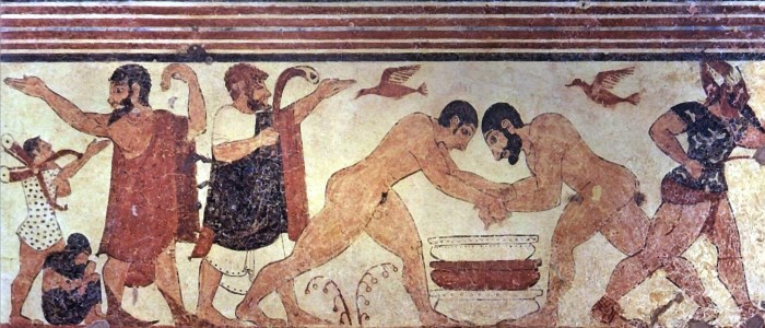 Title: “Man and children, wall painting, Tomb of the Augurs, Tarquinia, Italy”
Author/License: This work is public domain in its country of origin (United States public domain tag) and is published on Wikimedia Commons 
Source: https://commons.wikimedia.org/wiki/File%3ATomb_of_the_augurs.jpg