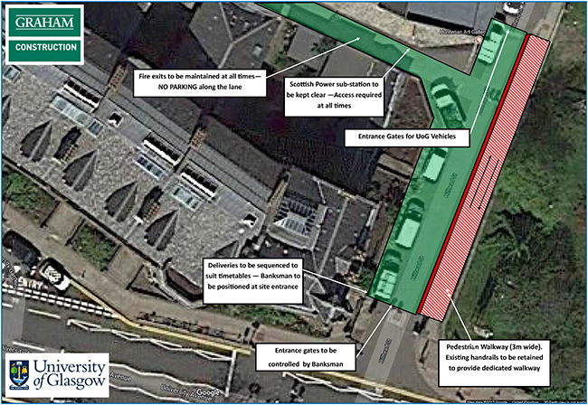 Diagram showing access routes during Data Annexe construction (2018)