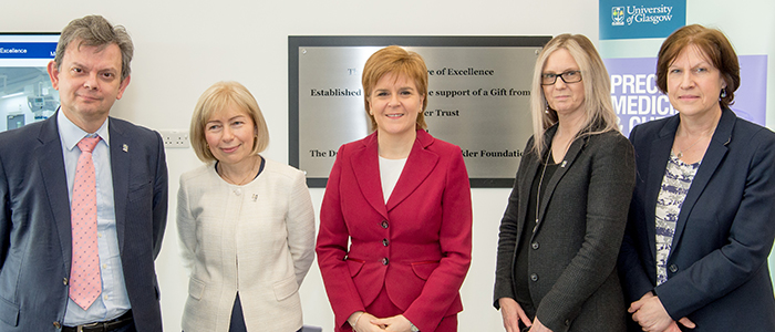 Pictured (L-R) Professor Anton Mucatelli - Principal and Vice Chancellor, Professor Dame Anna Dominiczak - Head of the College of Medical, Veterinary & Life Sciences, First Minister Nicola Sturgeon MSP, Dr Carol Clugston - MVLS Chief Operating Officer and Jane Grant, Chief Executive, NHS Greater Glasgow and Clyde.