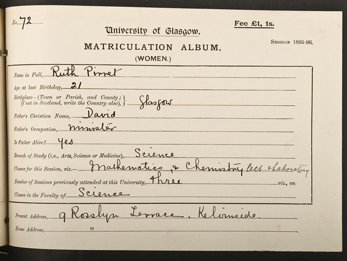 Pirret’s matriculation record, 1895. Image courtesy of the University of Glasgow Story