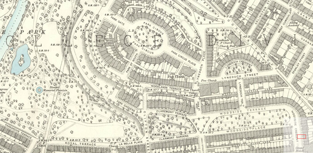 The Park Circus area of Glasgow - where Smith and Moorhead tried to burn down a property in 1913. Map reproduced with the permission of the National Library of Scotland under the terms of the Creative Commons Attribution-NonCommercial-ShareAlike license (CC-BY-NC-SA) (https://creativecommons.org/licenses/by-nc-sa/4.0/) 