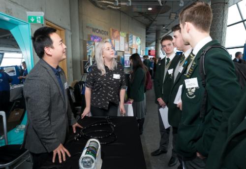 Dr Yongqiang Qiu and Dr Rachael McPhillips speak to pupils of St Aloysious College at MRS Meet the Researcher event 2018