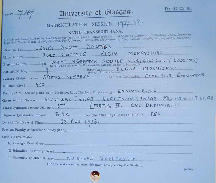 Souter’s matriculation record, 1937. Image courtesy of the University of Glasgow Story