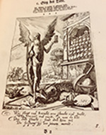 a monochrome printed image showing a winged emaciated figure holding a scythe in hos right hand and an hour glass in the left hand. There is a stack of skulls in the background and scattered items in the foreground, including a world globe, a lute, a painter's palette