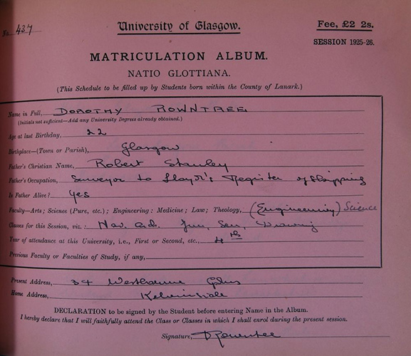 Rowntree’s matriculation record. Image courtesy of the University of Glasgow Story 