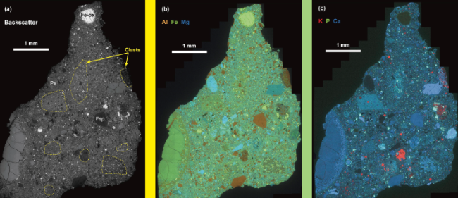 Backscattered scanning electron microscope image of NWA 11522, a meteorite similar to NWA 7034. Part of a large impact melt clast is visible in the lower left of the image. Some of the more prominent clasts are indicated by dashed outlines.