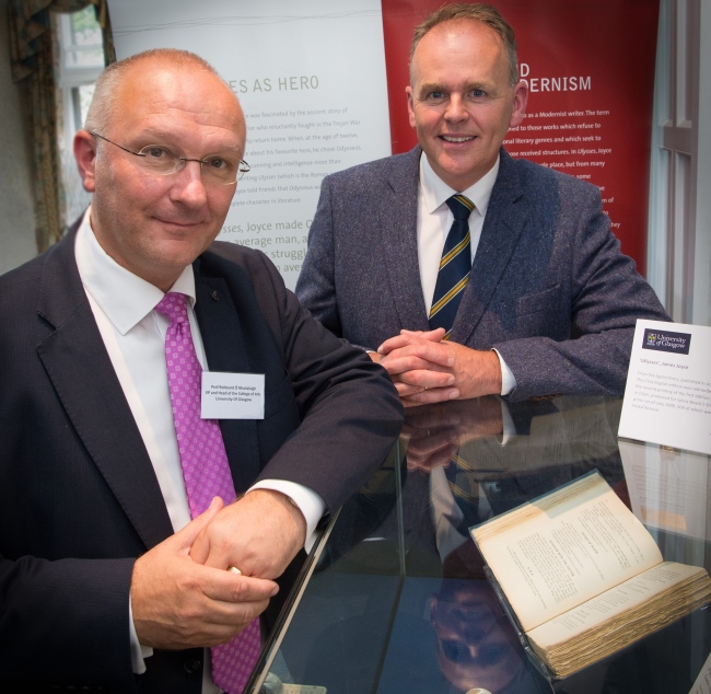 Bloomsday 2018 Professor Roibeard Ó Maolalaigh with Joe McHugh TD, Ireland’s Minister of State at the Department of Culture at Bloomsday 2018 at UofG