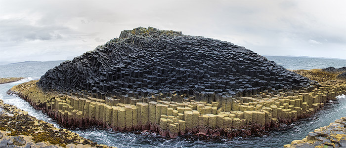 A panorama of he basalt columns of Staffa Island at Fingal s cave, Inner Hebrides, Scotland.