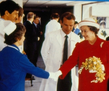 Prof Cobbe and the Queen at opening of Queen Elizabeth Building, Royal Infirmary