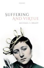 book cover: white background with the headshot of a gender-ambiguous white person with short black hair wearing an ornate crown made of barbed wire. At the top, text reads Suffering and Virtue