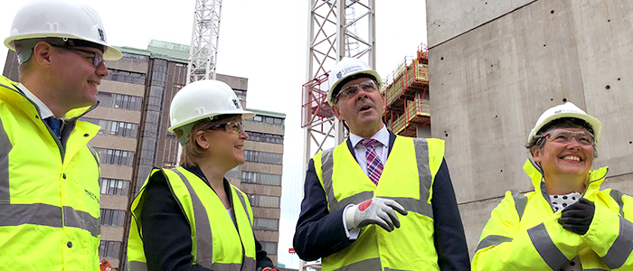 Left to right: Cabinet Secretary for Finance, Economy and Fair Work Derek Mackay; First Minister Nicola Sturgeon; Senior Vice-Principal Professor Neal Juster and Ann Allen, Executive Director of Estates and Commercial Services.
