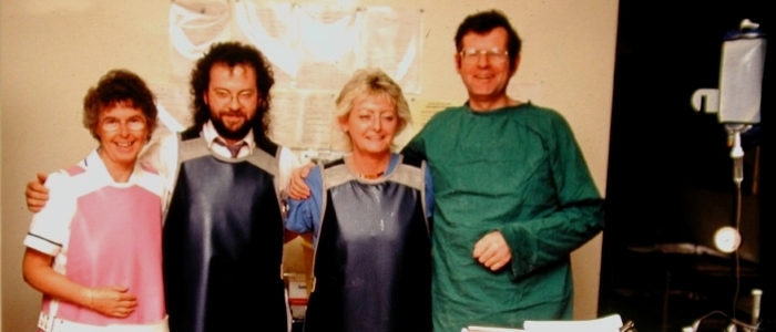 Cath Lab paediatric surgery staff, Cardiac catheter laboratory staff. Left to right - Tish MacLardy (radiologist), Stuart Lilley (physiologist), Irene MacLeod, (nurse), Dr Alan Houston