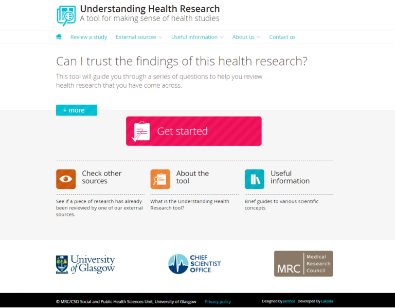 screenshot of the Understanding Health Research homepage, 768x600px 