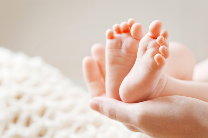 Baby feet in mother hands. 724x482px