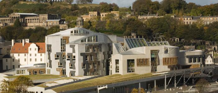 photograph of the Scottish Parliamentary Buildings taken from Arthur's Seat; 768x512px 