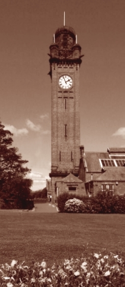 Tower at Stobhill hospital with daffodils in the foreground,  for Materia Medica