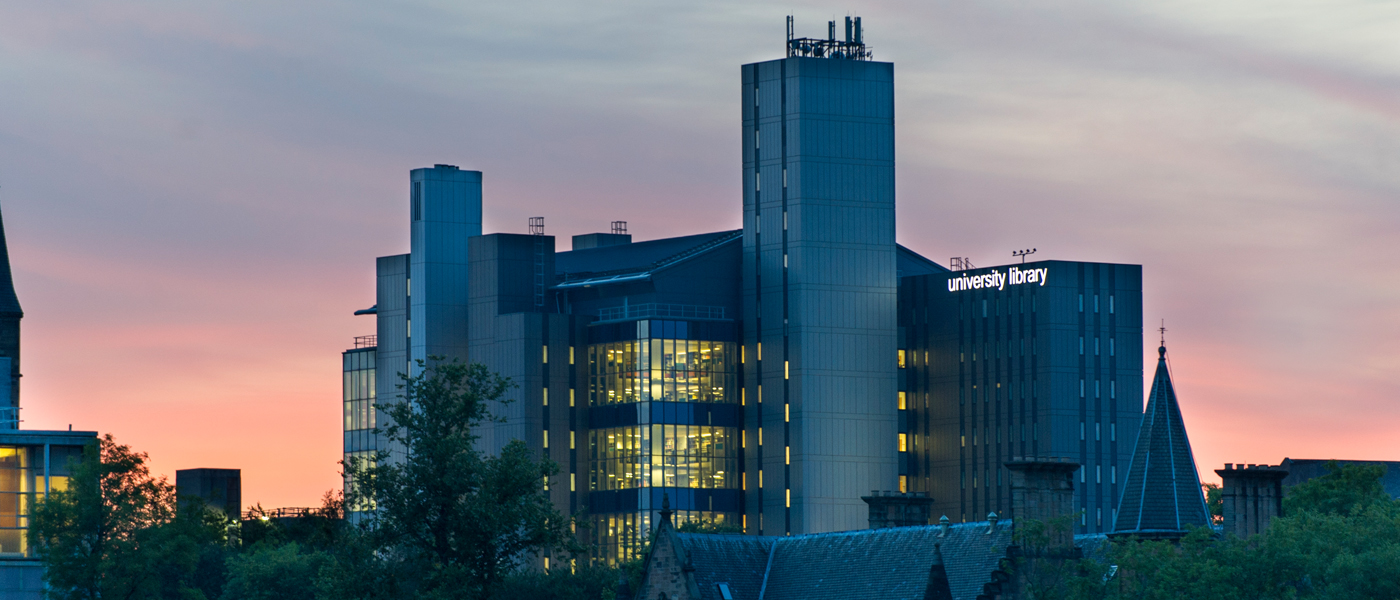Exterior of the University Library at sunset