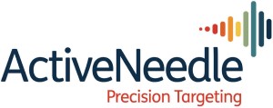 Active Needle logo, the name is navy blue, with precision targeting in red, and a rainbow coloured digital waveform