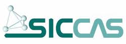 The logo of SICCAS, the Shanghai Institute of Ceramics, Chinese Academy of Science. SIC is in dark green, the CIS in lighter green. A small tetrahedron with spheres at each apex, suggesting a molecule model, is placed over the top right of the word SICCAS