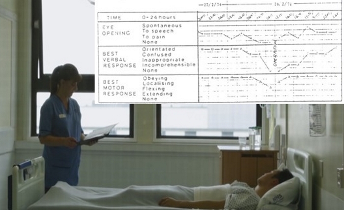 Glasgow Coma Scale - neurosurgery nurse with chart at patient bedside
