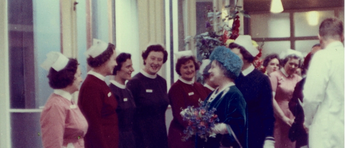 Queen Mother with a line of staff, opening the Queen Mum's hospital © GGHB Archives