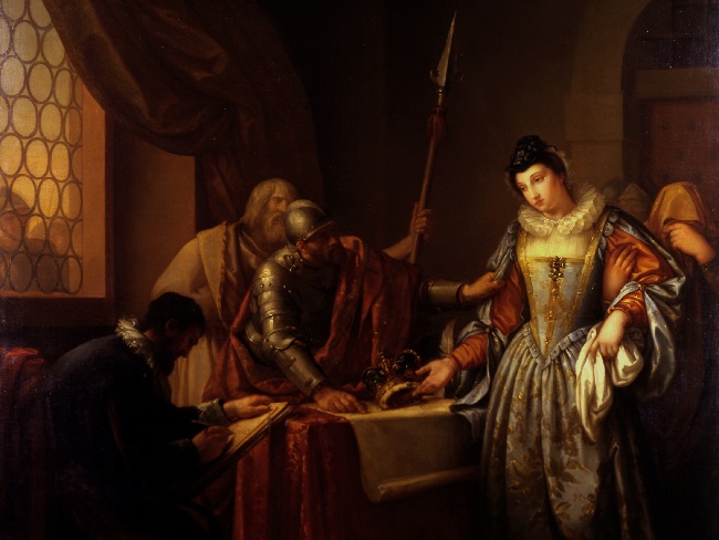 A painting of the Abdication of Mary, Queen of Scots by Gavin Hamilton (1723-1798) held in The Hunterian's Collection.
