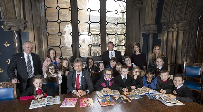 Staff and students from St Patrick's Primary along with College of Arts academics and Professor Sir Anton Muscatelli at the University of Glasgow's launch of new resources for schools created from University of Glasgow research.