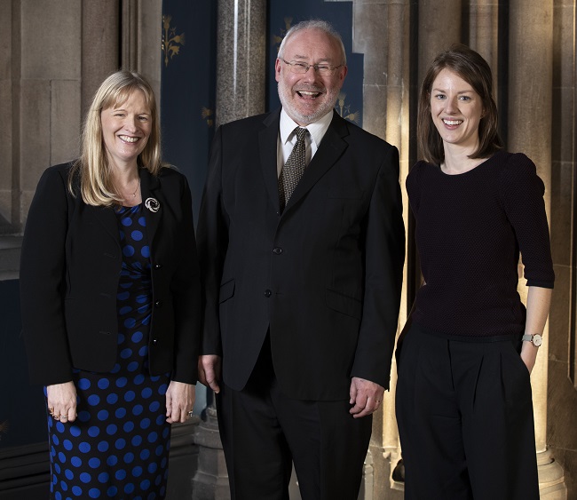 A photo featuring left to right - Lynn Robertson Education Scotland, Professor Dauvit Broun and Dr Joanna Tucker  at the launch of new resources for schools created from University of Glasgow research.