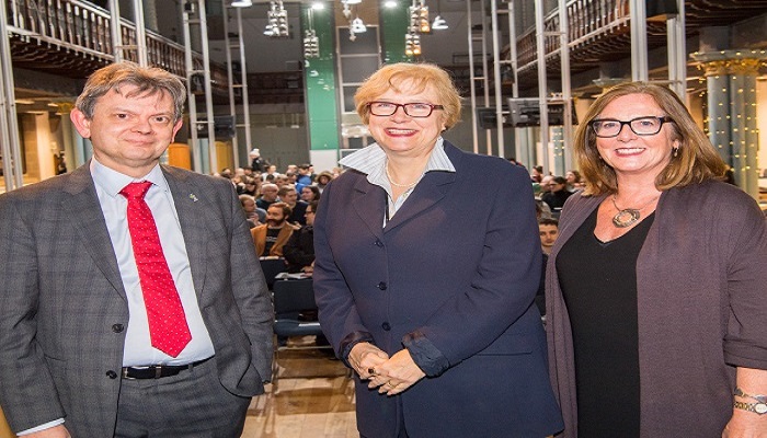 Professor Beatrice Heuser with Professor Michele Burman (Head of School) and Professor Sir Anton Muscatelli (Principal).