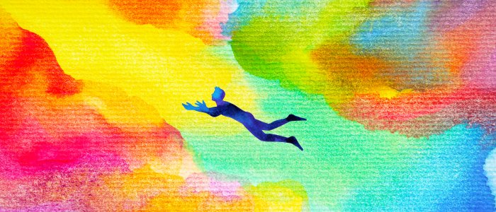 man flies in abstract dreamscape