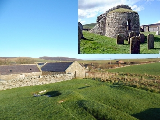 The Norse farm and round church (inset) at Orphir