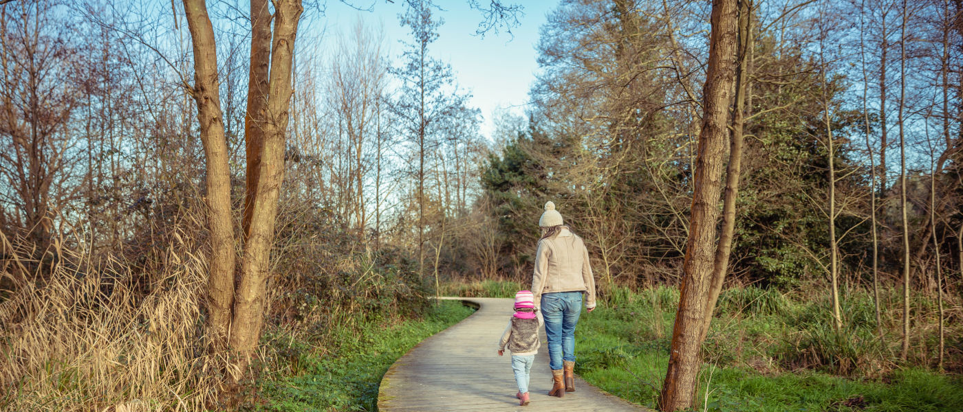 Image of a child and parent walking in a woodland park. 