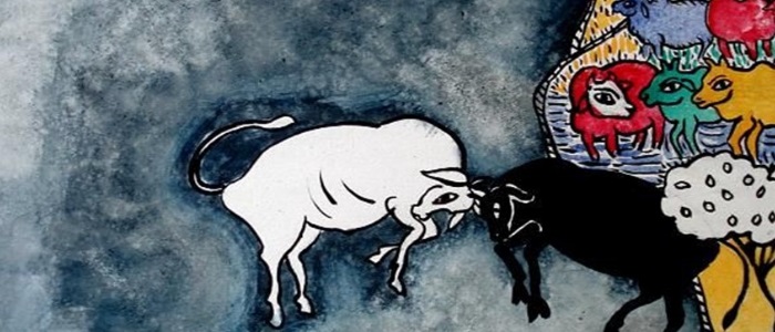 painting of a black and a white bull fighting on a watercolour grey background, with other colourful bulls watching from the right of the picture