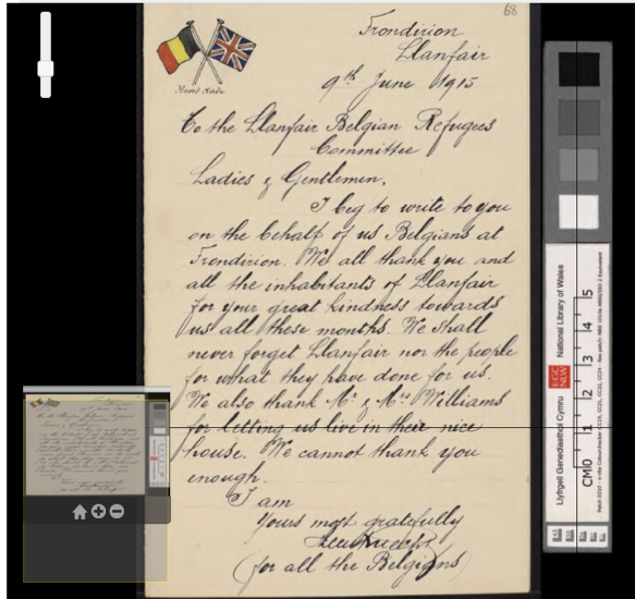 aThank you card from Belgian refugees in Llanfair, Wales, 1915. 
W. D. Roberts Manuscripts, 1738-[1925),p. 68. 
NLW MS 9982E
https://cymru1914.org/en/view/archive_file/3988264/117