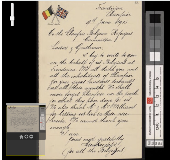 aThank you card from Belgian refugees in Llanfair, Wales, 1915. 
W. D. Roberts Manuscripts, 1738-[1925),p. 68. 
NLW MS 9982E
https://cymru1914.org/en/view/archive_file/3988264/117