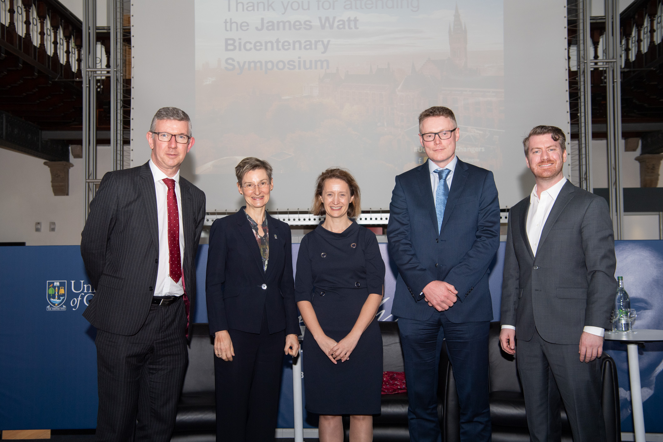 Professor Colin McInnes, Professor Muffy Calder, Dr Cindy Smith, Professor Andrew Hart and Matthew Williams at the James Watt Symposium. 