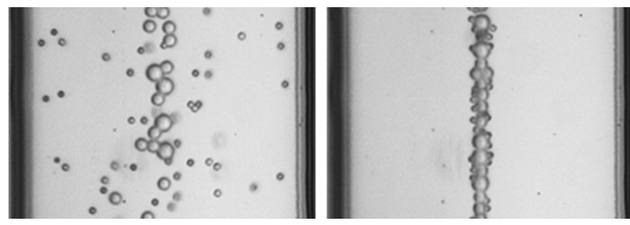 Two images of bubble stream before and after becoming ordered through use of acoustics
