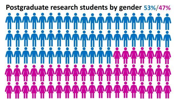 Postgraduate research by gender 53 percent male and 47 percent female
