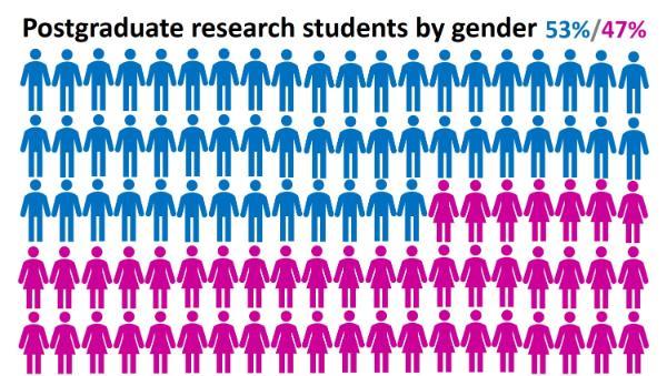 Postgraduate research by gender 53 percent male and 47 percent female
