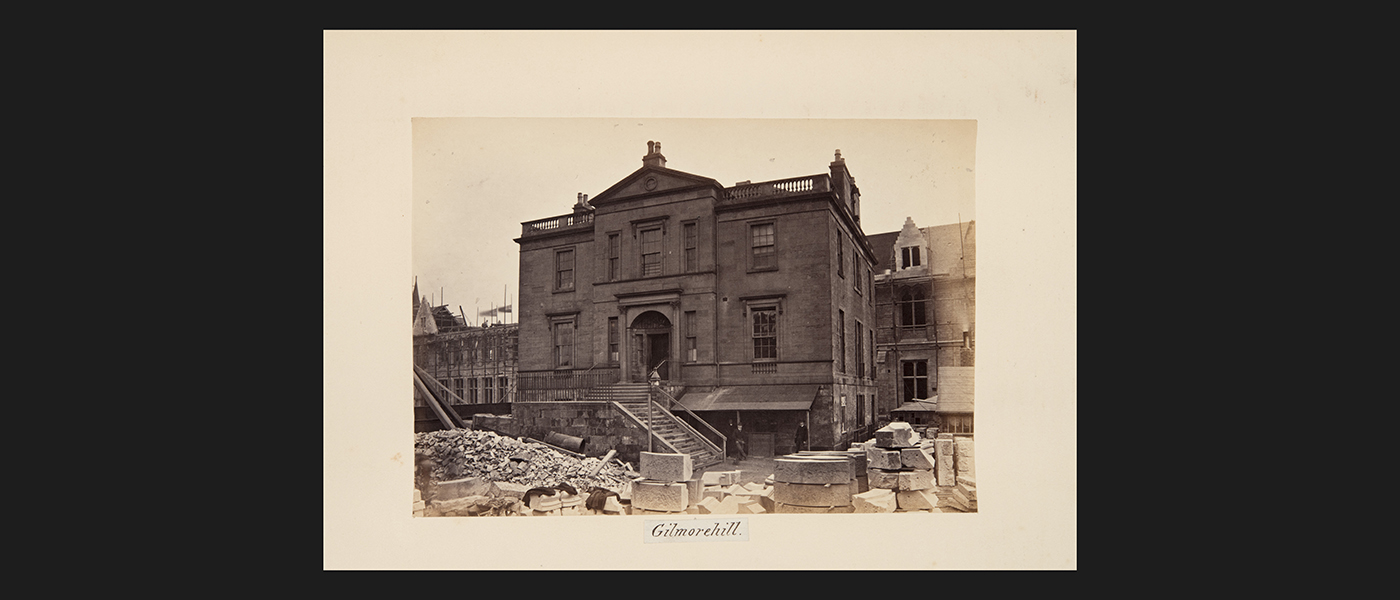Photograph of Gilmorehill House with the University Main Building under construction