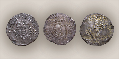 Henry I, penny, 1100 – 1135, silver, Bristol, Hunter; Stephen, penny, 1135 – 1154, silver, Carlisle, GLAHM:35468, purchase 1987;  Henry II, penny, 1154 – 1189, silver, Canterbury, Hunter