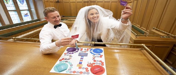 Launch of a new UofG board game Legally Wed with bride and groom Aimee and Warren Crawford. Photo credit Martin Shields
